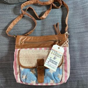 Cross body bag red white and blue/Tan Leather & Fabric